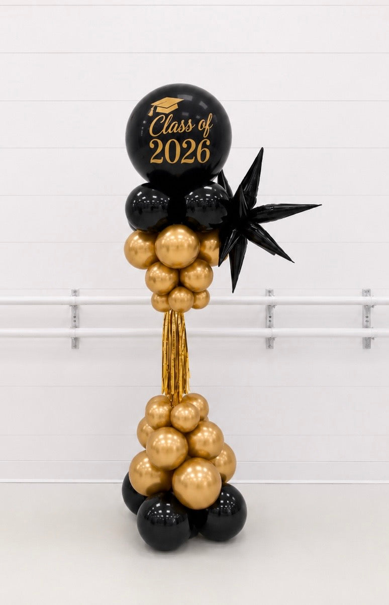 Graduation tower/column with gold and black balloons in Ottawa Gatineau delivery